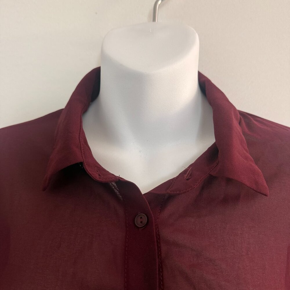 Fashion Nova Burgundy Sheer Twist-Front Blouse | Long Sleeve | Size S - Picture 7 of 12